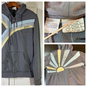 O'Neill Surf Zip Up Hoodie Womens XL Gray Sun Graphic Embroidered Coastal‎